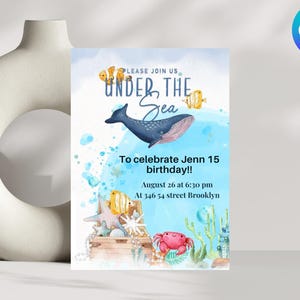 Under The Sea Birthday Invitation, Editable Whale Shark Party Invite, Nautical Any Age Kids Template, Sea Life Card, Instant Download