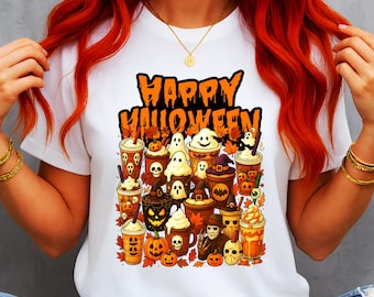 Happy Halloween Coffee Shirt, Cute Ghost Pumpkin Latte Tee, Spooky Coffee Drinks Graphic Shirt, Cozy Autumn Outfit Gift for Lovers, Fall Tee