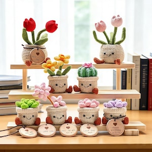 May include: A collection of handmade crochet flower pots with smiling faces and attached feet. The flowers include red tulips, pink and yellow blooms, and a green cactus. Each pot has a wooden tag with a message.