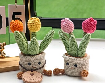 Handmade Crochet Tulip in Pot: Blooming Floral Decor, Custom Tag Option