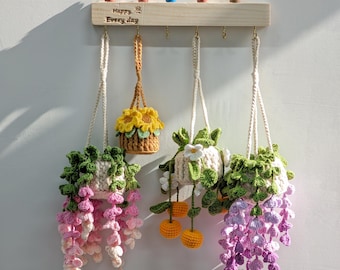May include: A wooden wall-mounted shelf with small cactus figurines and hanging crochet planters. The planters feature various floral and cascading designs in shades of pink, purple, yellow, and green. The shelf has the text "Happy Every day".