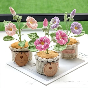 May include: Handmade crochet flowers in small pots. The flowers are pink, purple, and peach, with green leaves. Each pot has a wooden tag with a message. One says "Have a nice day!" and another says "Love you mom".