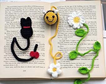Marcador de libros de ganchillo, minimarcador de abeja, minimarcador de gato, marcapáginas de margarita, regalo para amantes de los libros, regalo para lectores, accesorio de libros de ganchillo