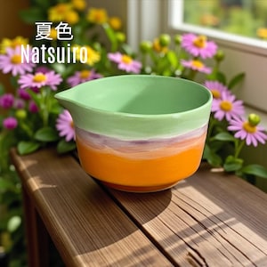 Natsuiro Matcha Bowl – Handmade Summer-Inspired Chawan | Green, Lavender & Orange Pouring Bowl | Japanese Tea Ceremony Pottery