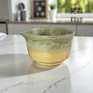 Handmade Matcha Bowl – Green and Yellow Chawan with Pouring Spout – Rustic Japanese Tea Ceremony Pottery