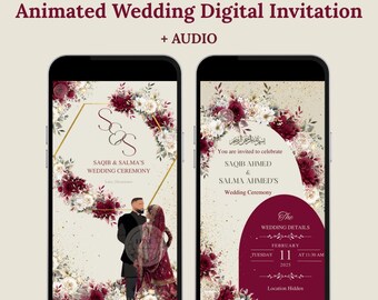 Può includere: Due smartphone mostrano un invito di nozze digitale. L'invito presenta composizioni floreali bordeaux e bianche, dettagli dorati e il testo "Luxe Animated Wedding Digital Invitation + AUDIO". Include i nomi Saqib & Salma.