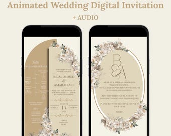 May include: Two smartphones displaying a digital wedding invitation. The invitation features floral accents, the names Bilal Ahmed & Amarah Ali, and wedding details. The text reads "Luxe Animated Wedding Digital Invitation + AUDIO."