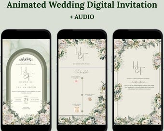 May include: Three smartphones displaying a digital wedding invitation. The invitation features floral arrangements, the initials "H & F", and the text "Luxe Animated Wedding Digital Invitation + AUDIO". The design includes a schedule and ceremony details.