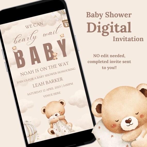 Neutral Bear Themed Standstill Baby Shower Digital Invitation | Beige Theme