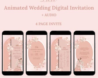 May include: Four smartphones displaying a digital wedding invitation. The invitation features a blush pink and white floral design with the text "Luxe Animated Wedding Digital Invitation + Audio 4 Page Invite."