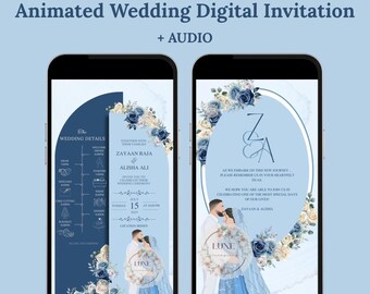 May include: Two smartphones displaying a digital wedding invitation. The invitation features a blue and white floral design with the names Zayaan Raja and Alisha Ali. The text reads "Animated Wedding Digital Invitation + AUDIO."