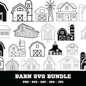 May include: A collection of barn illustrations in black and white. The image features various barn designs, including those with silos, windmills, and different architectural styles. The text "BARN SVG BUNDLE" is at the bottom, along with file type options.