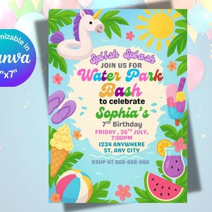 Bearbeitbare Wasserpark Geburtstagseinladung Tropische Wasserrutsche einladen Splish Splash Girls Pool Party einladen Sommer Splash Pad Party Canva
