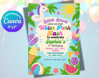 Può includere: Un colorato invito per una festa di compleanno in un parco acquatico. Il design include un galleggiante a forma di unicorno, gelato, un pallone da spiaggia e una bevanda rinfrescante. L'invito è 12,7 cm x 17,8 cm e personalizzabile in Canva.