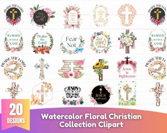 May include: A collection of 20 watercolor floral Christian clipart designs. The designs include crosses, floral wreaths, and inspirational text such as "Praise the Lord" and "Jesus is my way". The color palette includes pink, yellow, and blue.