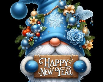May include: A festive gnome illustration with a blue hat decorated with snowflakes, baubles, and floral accents. The gnome holds a wooden sign reading "Happy New Year" in white script against a black backdrop. The gnome has a long white beard and a round orange nose.