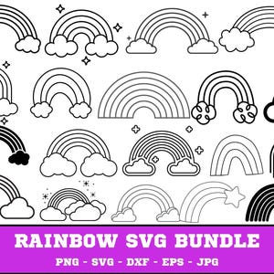 Puede incluir: Una colección de ilustraciones de arcoíris en blanco y negro con nubes y estrellas. La imagen incluye varios diseños de arcoíris, desde arcos simples hasta versiones más detalladas. El texto en la parte inferior dice "RAINBOW SVG BUNDLE" con opciones de tipo de archivo.
