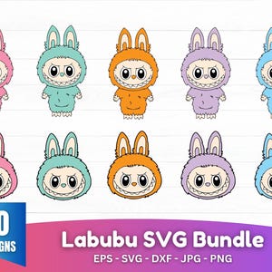May include: Ten colourful Labubu character designs in pink, teal, orange, purple, and blue. Each character has a bunny-like hood and a wide, toothy grin. The image includes the text "Labubu SVG Bundle" and file type information.
