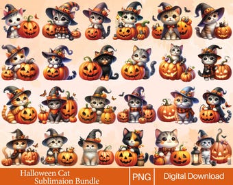 Watercolor Halloween Cat Clipart Bundle: Spooky Black Cats (Commercial Use PNG)