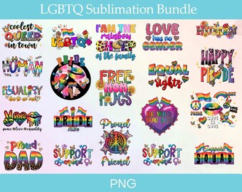 May include: A vibrant collection of LGBTQ+ themed designs, including phrases such as "Love Has No Gender" and "Happy Pride." The designs incorporate rainbows, hearts, and flags, ideal for Pride events. The words "LGBTQ Sublimation Bundle" are at the top of the image.