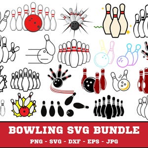 May include: A collection of bowling-themed SVG graphics in various styles. Includes bowling pins, bowling balls, and action shots of pins being struck. The text "BOWLING SVG BUNDLE" is displayed on a red banner.