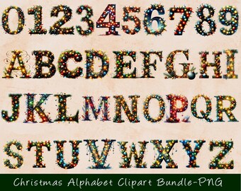 クリスマスアルファベットクリップアートバンドル | お祝い文字PNGセット | 昇華転写とクラフト用のホリデーフォントイラスト | デジタルダウンロード