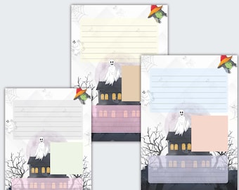 Könnte beinhalten: Drei Halloween-Themen-Notizblätter zum digitalen Download. Jedes Blatt zeigt ein Spukhaus, Geister und eine Hexe. Die Blätter haben linierte und leere Abschnitte für Notizen. Der Text "sofortiger digitaler Download" steht oben.