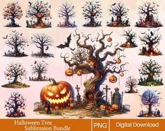 Watercolor Halloween Tree Clipart, Spooky Woodland PNG Graphics, Commercial Use
