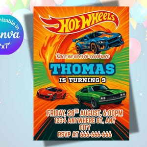 Invitación editable para fiesta de cumpleaños de Hot Wheels, invitación de cumpleaños de Hot Racing Cars, plantilla para fiesta de cumpleaños de Hot Wheels Race Car, Canva editable