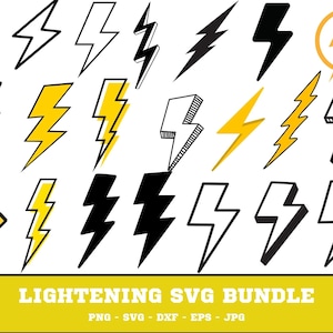 May include: A collection of lightning bolt designs in various styles, including solid black, yellow, and outlined versions. Some bolts feature star patterns. The image includes the text "LIGHTENING SVG BUNDLE".