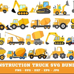 Può includere: Una collezione di camion edili gialli, tra cui betoniere, escavatori e autocarri con cassone ribaltabile. L'immagine include il testo "CONSTRUCTION TRUCK SVG BUNDLE" con opzioni di tipo di file: PNG, SVG, DXF, EPS e JPG.