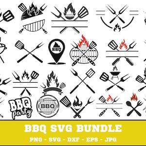 Puede incluir: Una colección de gráficos en blanco y negro con temática de barbacoa, que incluyen tenedores y espátulas cruzadas, llamas y diseños de parrillas. La imagen también incluye el texto "BBQ SVG BUNDLE" en una pancarta amarilla.