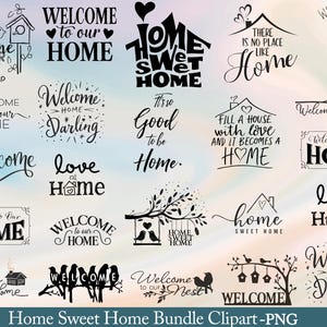 Puede incluir: Una colección de diseños de imágenes prediseñadas en blanco y negro con temática de hogar. Los diseños incluyen frases como "Bienvenido a nuestro hogar", "Hogar dulce hogar" y "Amor en casa", junto con elementos decorativos.