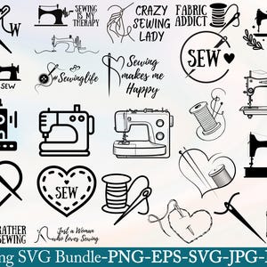 May include: A selection of black and white sewing-themed SVG designs. The designs feature sewing machines, needles, spools of thread, and text such as "Sewing is my therapy" and "Sewing makes me happy". The image is a bundle of digital files.