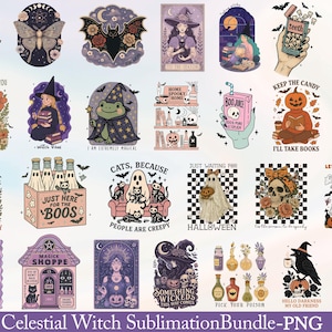 May include: A selection of Halloween-themed illustrations featuring witches, bats, ghosts, and pumpkins. Text includes phrases such as "Just Here for the Boos" and "Let's Get Batty." The designs use a colour scheme of purples, oranges, and blacks.