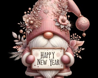 May include: A pink gnome figure with a long white beard and a pointed hat decorated with flowers and snowflakes. The gnome holds a sign saying "HAPPY NEW YEAR". The gnome's outfit is trimmed with white fur, set against a black background.