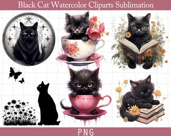 Black Cat Watercolor Clipart | Floral Black Cat with Books PNG | Witchy Cat Illustration | Gothic Cat Clipart | Magical Halloween Cat
