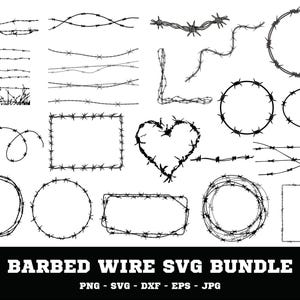 May include: A black and white SVG bundle featuring various barbed wire designs. Includes straight lines, curved shapes, and frames in circular, rectangular, and heart shapes. The text "BARBED WIRE SVG BUNDLE" is displayed at the bottom.