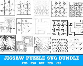 May include: A collection of black and white jigsaw puzzles and mazes. The image includes various puzzle designs, from simple 9-piece puzzles to complex mazes. The text "JIGSAW PUZZLE SVG BUNDLE" is displayed in a blue banner at the bottom.