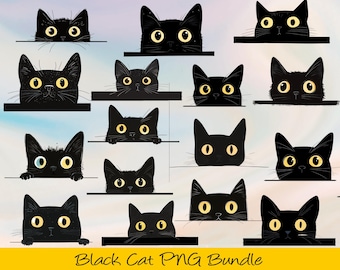 Conjunto de imágenes prediseñadas de gato negro PNG / Lindas ilustraciones de gato negro / Imágenes prediseñadas de gato de Halloween / Imágenes PNG de gato de acuarela para sublimación y manualidades