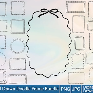 May include: A collection of hand-drawn doodle frames in various shapes and sizes, including rectangles, squares, and circles. The frames are outlined in black and feature decorative edges. The image includes the text "Hand Drawn Doodle Frame Bundle PNG JPG Digital Download."