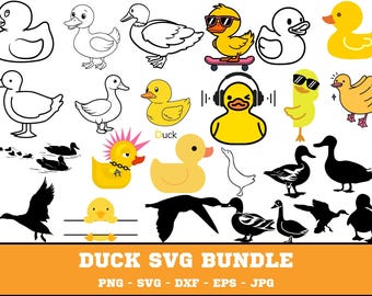 May include: A collection of duck illustrations in various styles, including outlines, silhouettes, and cartoon designs. Some ducks are yellow, and some are wearing sunglasses or headphones. The text "DUCK SVG BUNDLE" is displayed at the bottom.