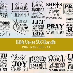 May include: A collection of black and white Bible verse designs. The phrases include "Having Hope", "Loved", "Let Your Light Shine", and "Pray Continually". The words are in various fonts and styles. The words are on a yellow background.