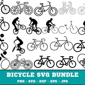 May include: A collection of black bicycle silhouettes in various styles, including road bikes, mountain bikes, and BMX bikes. Some silhouettes depict cyclists in action. The text "BICYCLE SVG BUNDLE" is at the bottom.