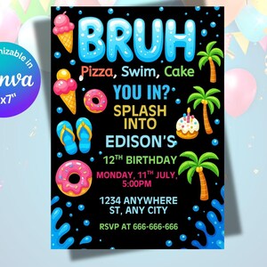 Editable Boys' Birthday Invite Template - Pool Party, Video Game Theme, DIY Canva, Digital Mobile Evite for Thirteen-Year-Olds