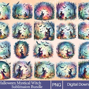 May include: A collection of watercolor illustrations featuring a witch in a forest setting, surrounded by bats, pumpkins, and a full moon. The images have a mystical Halloween theme, with vibrant colors and a digital download option.