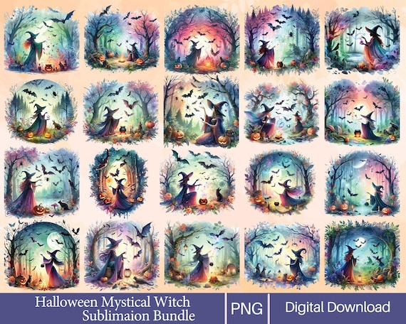 Watercolor Halloween Witch PNG: Mystical Gothic Clipart (Commercial Use