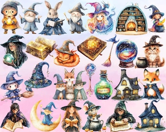 Pakiet clipartów „Aquarelle Wizard School”: Magia PNG, SVG, EPS (pobranie cyfrowe)