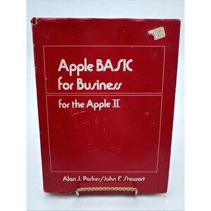 May include: A red book titled "Apple BASIC for Business for the Apple II" with white text. The authors' names, Alan J. Parker and John F. Stewart, are listed at the bottom. The book has a small price tag on the top right corner.