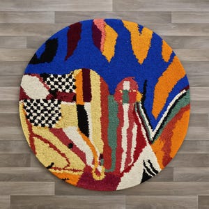 PLUE Wollteppich rund, handgefertiger runder Teppich, Wollteppich, runder Teppich, Wohndekor, Berberteppich, bunt, Berberteppich